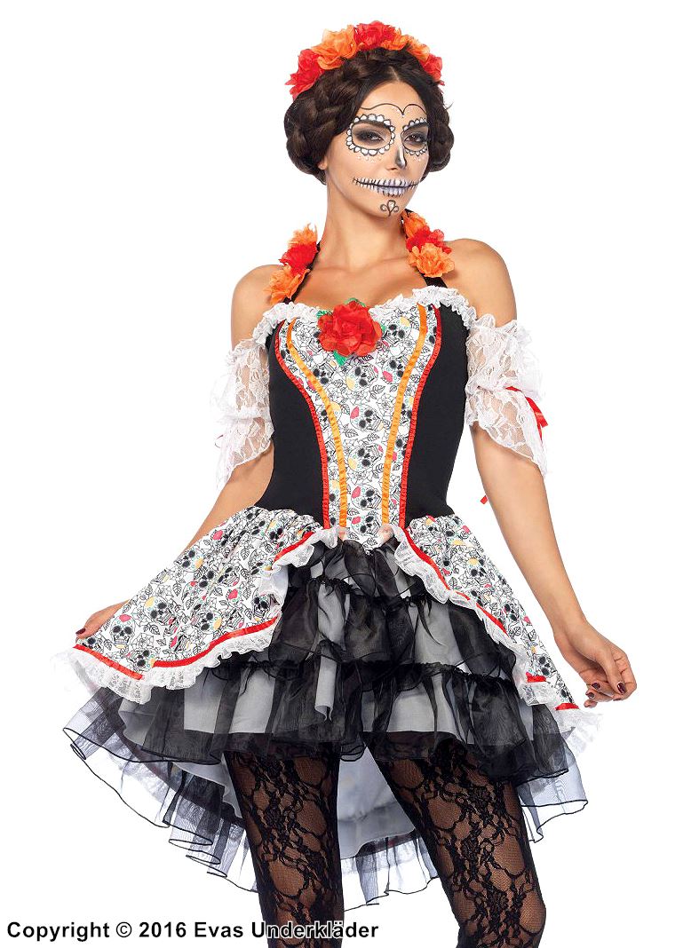 Day of the Dead (woman), costume dress, sugar skull (Calavera), cold shoulder, flowers